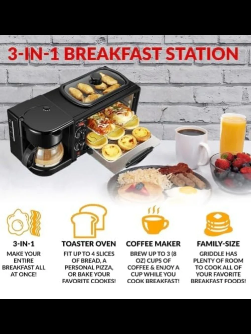 3-in-1 Breakfast Station with Coffee Maker, 4-Slice Toaster Oven, Non-Stick Grid